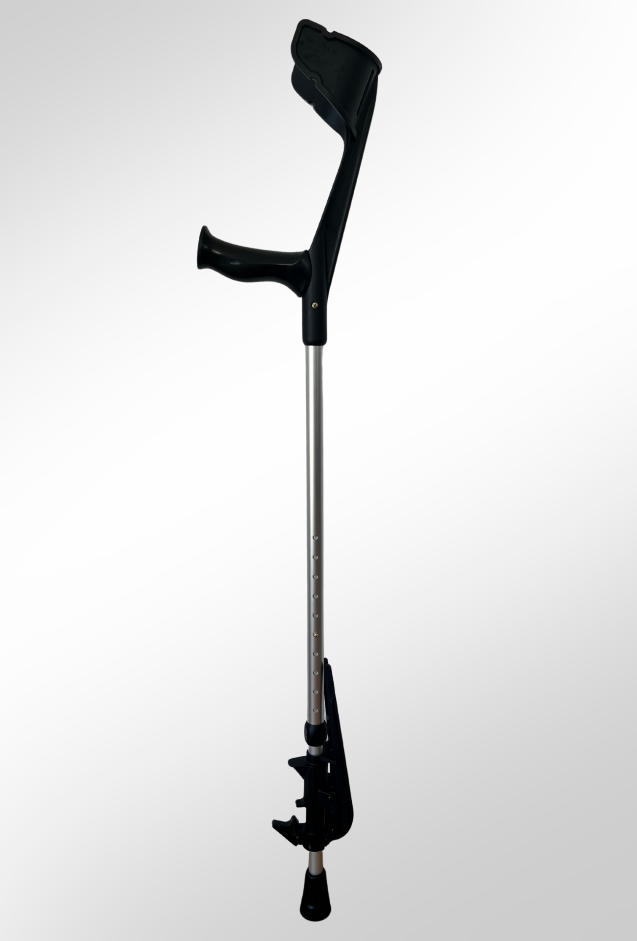 Gesamtansicht einer Krücke mit einer eingeklappten KrückenBuddy Krückenstütze